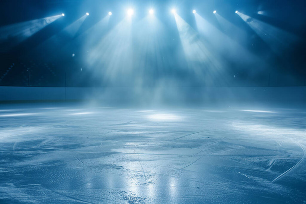Buz zemin. Sahne ışıklarıyla aydınlatılmış boş buz pateni pisti. Yüksek kalite fotoğraf - Fotoğraf, Görsel