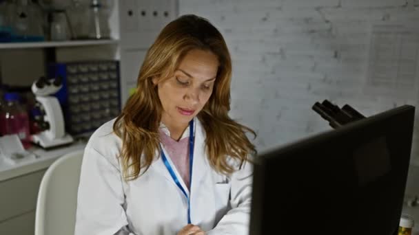 Egy fókuszált női tudós dolgozik egy számítógépen egy modern laboratóriumi környezetben. - Felvétel, videó