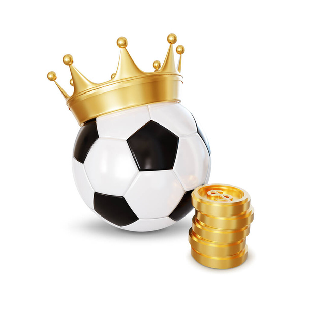 Pallone da calcio con corona d'oro e pila di monete isolate su sfondo bianco. Rendering 3d - Foto, immagini