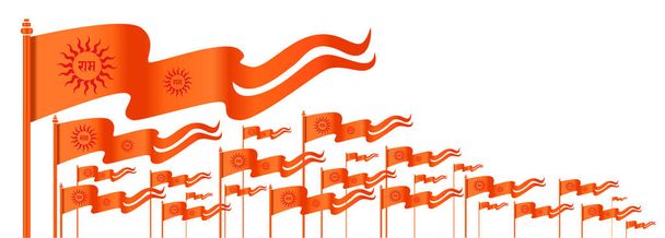 Lord Rama's orange Flags on white background. Ram written in Devanagari - Vector, Image