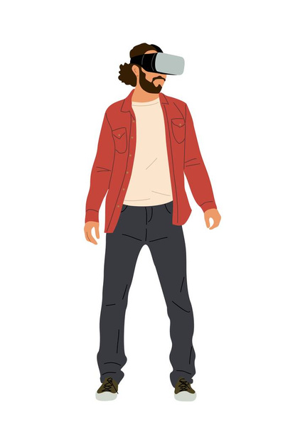 Man in virtual reality headset. Handsome bearded guy in casual clothes wearing digital glasses travel in metaverse. Modern technologies. Flat Vector illustration isolated on white background. - Vector, Image