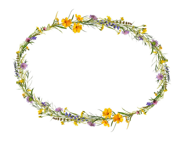 Ovaler Rahmen mit Wiesenblumen und Gräsern auf weißem Hintergrund. Element zur Erstellung von Collage oder Design, Postkarten, Grußkarten, Hochzeitskarten und Einladungen. - Foto, Bild