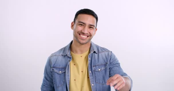 Happy man, okay and agreement in studio, face and approval emoji by white background. Asian male person, portrait or yes symbol for promotion, thank you and satisfaction in feedback by mockup space. - Footage, Video