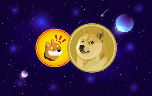 obrázek dogecoin a bong mince logo na digitálním pozadí. 3D ilustrace. - Fotografie, Obrázek