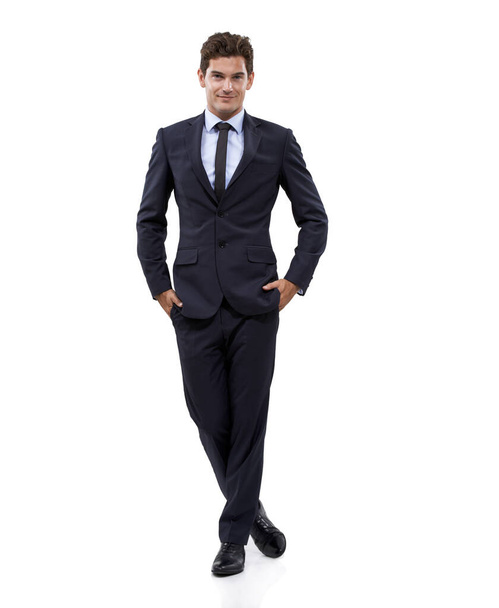 Happy, businessman and portrait for pride in studio mockup, for start up and confident in professional job. Person, face and smile as entrepreneur in corporate career and attorney by white background. - Photo, Image