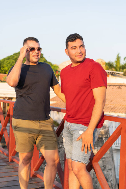 Zwei lächelnde Männer, die auf einer Brücke spazieren gehen und gemeinsam einen sonnigen Tag genießen - Foto, Bild