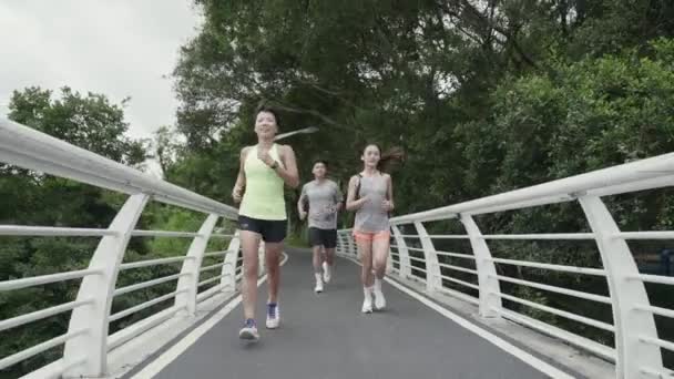 vista posteriore di tre giovani asiatici che corrono all'aperto nel parco - Filmati, video