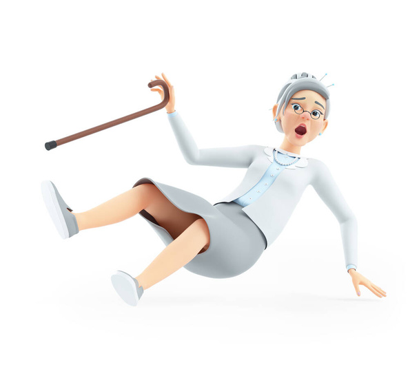 3d de dibujos animados abuelita con bastón de caminar cayendo, ilustración aislada sobre fondo blanco - Foto, imagen