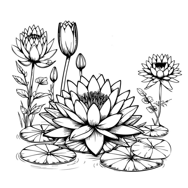 Flowers coloring pages, and book, Vector sketch of waterlily, Hand drawn waterlily, botanical leaf bud illustration engraved ink art style. waterlily sketch. vintage waterlily drawing of flowers in the lotus flower garden with a black and white - Vector, Image