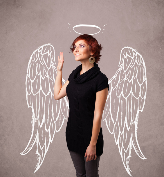 Cute girl with angel illustrated wings - Φωτογραφία, εικόνα