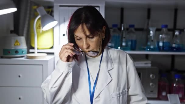 Dojrzała latynoska kobieta naukowiec dostosowuje okulary w laboratorium z kolbami i wyposażeniem. - Materiał filmowy, wideo