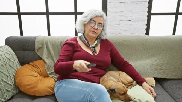 Donna anziana con capelli grigi e occhiali sdraiata su un divano grigio con un cane abbronzante all'interno, a distanza in mano, esprimendo noia - Filmati, video