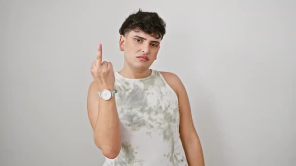 Rude show-off, young man with attitude, wearing sleeveless t-shirt, boldly standing and displaying an impolite fuck-you expression, flipping off. isolated white background. - Video