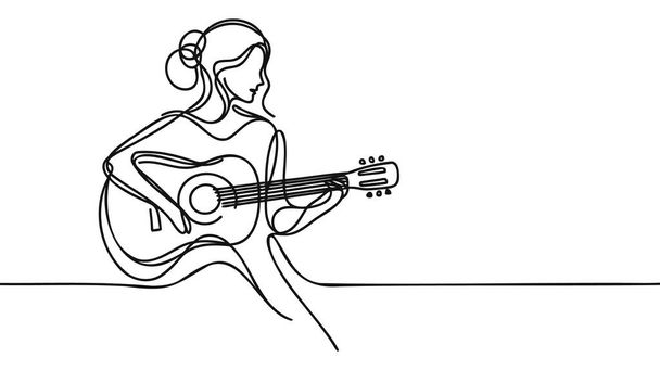 Mujer se para tocando la guitarra - vector de arte de una línea. Guitarrista conceptual con guitarra clásica, aprendiendo a tocar la guitarra. - Vector, imagen
