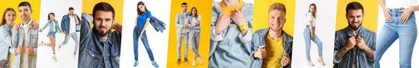 Collage of young people in stylish jeans clothes on white and yellow backgrounds - Photo, Image