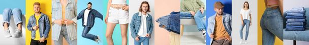 Set of young people and stylish jeans clothes on color background - Photo, Image