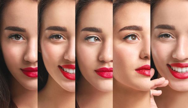 赤い口紅を持つ若い女性のコラージュ, クローズアップ - 写真・画像