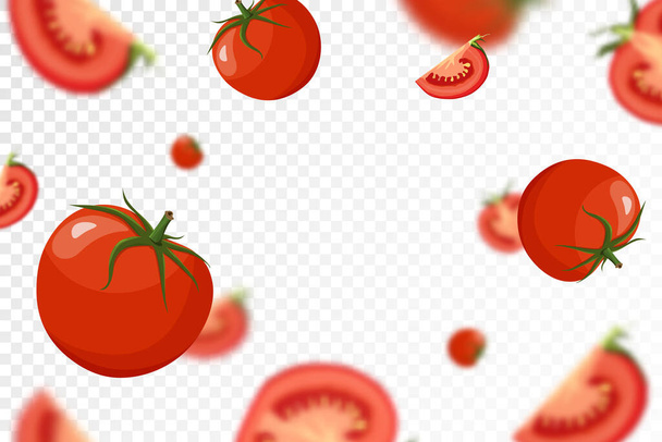 Tomato background. Falling fresh ripe tomatoes from different angles. isolated on transparent background. Flying defocusing red tomato. Applicable for ketchup, juice advertising. Vector flat. - Vector, Image