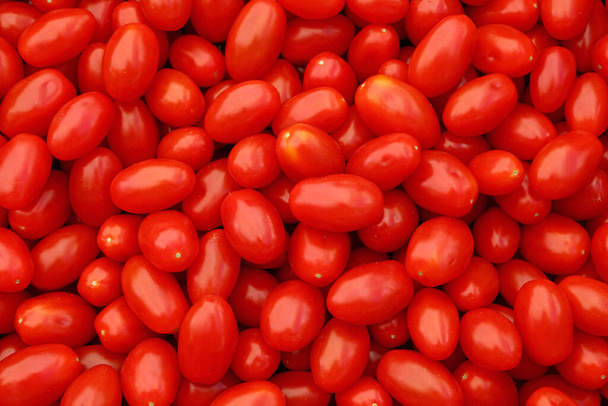 Κοντινό πλάνο φρέσκα κόκκινα ντοματίνια στη λιανική οθόνη της αγοράς αγροτών, θέα υψηλής γωνίας - Φωτογραφία, εικόνα