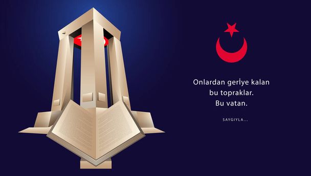 18 mart anakkale Zaferi Kutlu Olsun Canakkale Monument and Turkish Flag Vector. Překlad: 18 Březen, Happy anakkale vítězství. - Vektor, obrázek