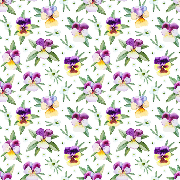 Seamless pattern with watercolor illustrations of pansy flowers - Fotoğraf, Görsel