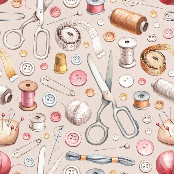 Seamless pattern with illustrations of sewing tools - Фото, изображение