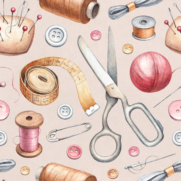 Бесшовный рисунок с иллюстрациями швейных инструментов
 - Фото, изображение