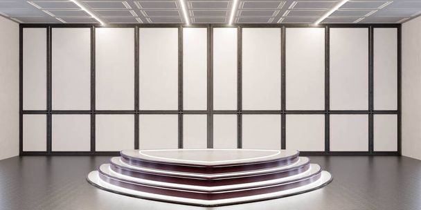 Tento snímek obsahuje prázdnou místnost s centrálně umístěným pódiem, která poskytuje základní nastavení pro prezentace, projevy a události. - Fotografie, Obrázek