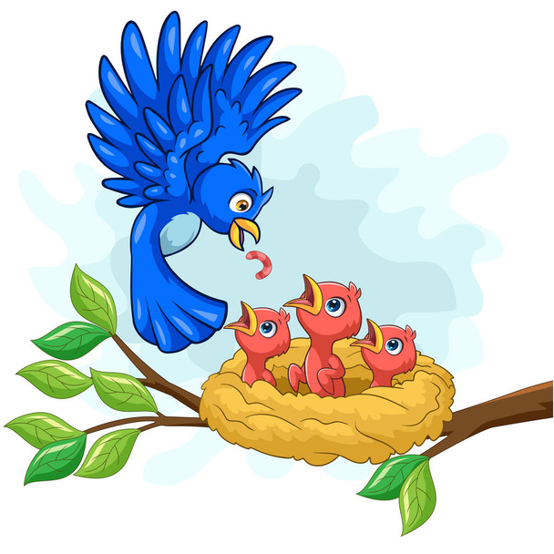 Мати блакитна пташка годує немовлят в гнізді
 - Вектор, зображення