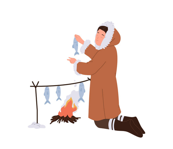 Eskimos mulher plana personagem de desenho animado vestindo roupas quentes tradicionais cozinhar peixe prato tribal para o jantar no fogo de acampamento isolado no fundo branco. Cultura indígena de conceito de pessoas polares - Vetor, Imagem