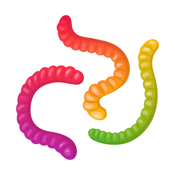 Kaugummiwürmer. Cartoon-Marmelade in Form von Würmern, Gelee Bonbons, süße leckere Süßigkeiten flache Vektorillustration. Zuckerwürmer gesetzt - Vektor, Bild