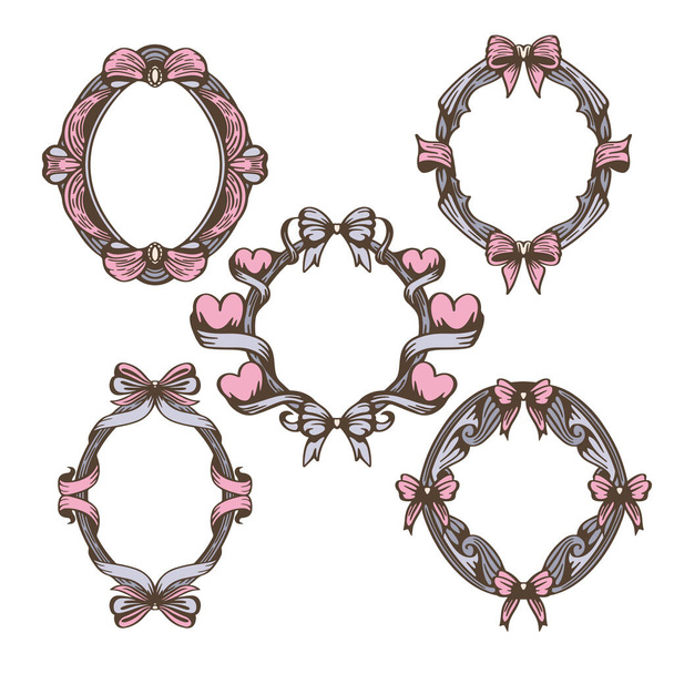 Set of vintage style frames with bows and ribbons. Collection of vector decorations. - Vector, Image