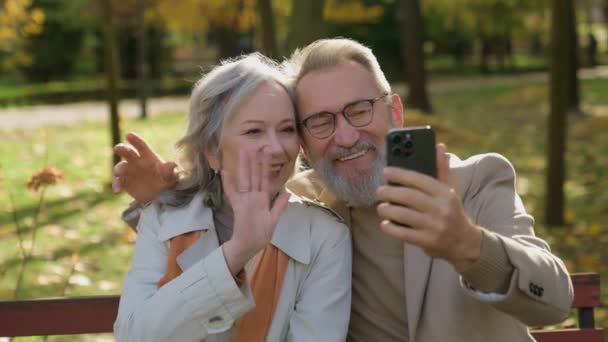 Cheerful gray-haired wife husband using smartphone online communication on bench in autumn park nature old grandparents senior couple mature family happy woman man talk with mobile phone outdoors city - Footage, Video
