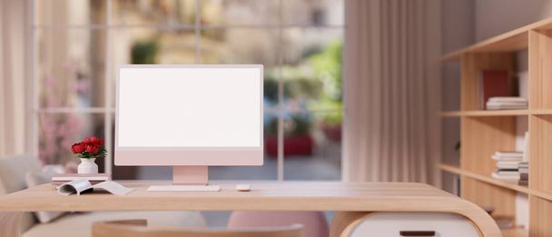 Moderni, kaunis toimisto työtila sisustus on suunniteltu vaaleanpunainen tietokone mallinnus puinen pöytä, puinen kirjahylly, ja suuri ikkuna verhot. 3d renderöinti, 3d kuva - Valokuva, kuva