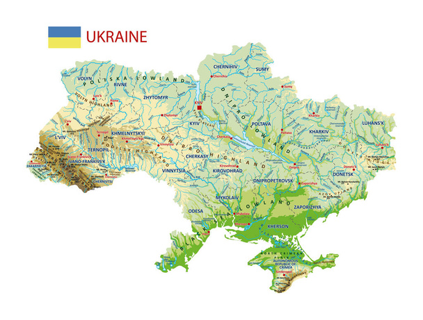 Mapa topográfico de Ucrania. Mapa geográfico de Ucrania con las fronteras de las regiones. Alto mapa físico detallado de Ucrania con etiquetado. Atlas de Ucrania con ríos, lagos, mares, montañas y llanas.Vector ilustración - Vector, imagen