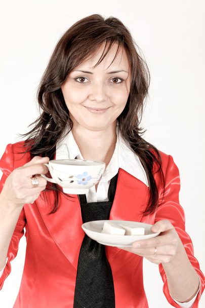Beautiful brunette lady drinking bracing coffee - Φωτογραφία, εικόνα