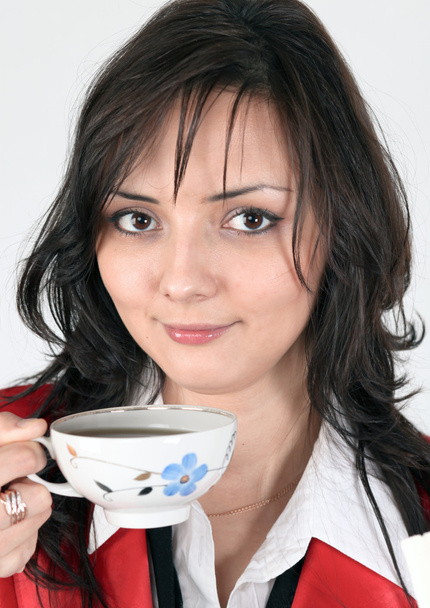 Beautiful brunette lady drinking bracing coffee - Fotografie, Obrázek