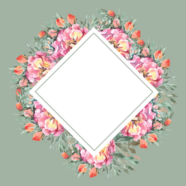 tarjeta de felicitaciones de boda con corona de acuarela flores delicadas en círculo sobre fondo blanco - Foto, Imagen
