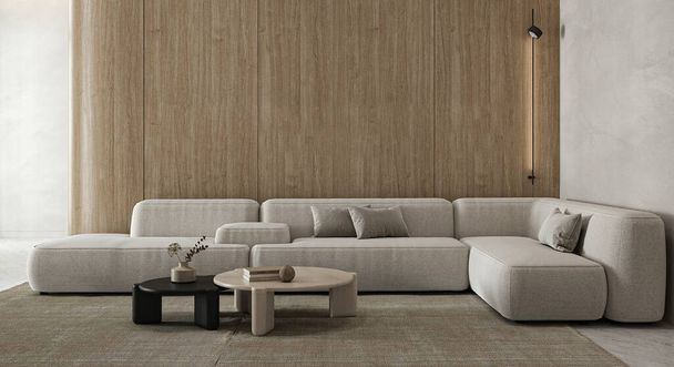 Um espaço de vida minimalista decorado com bom gosto destacando um elegante sofá modular bege contra painéis de madeira quente - Foto, Imagem