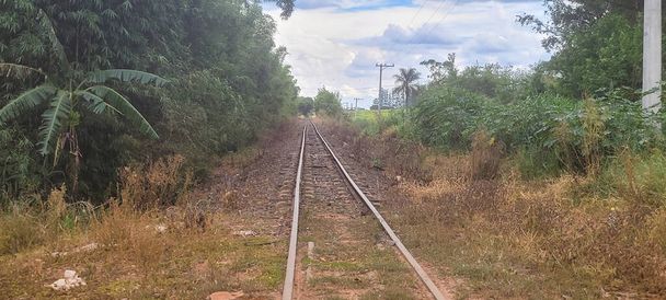 Bahnstrecke mitten in der Natur an einem bewölkten Tag - Foto, Bild