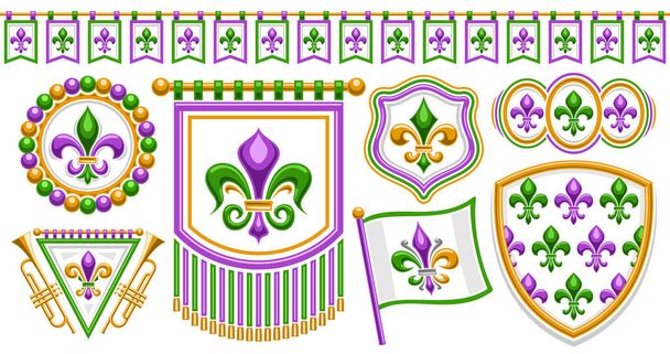 Vector Fleur de Lisセット, バラエティグリーンと紫のフルールデリスの単離されたイラストのコレクションの横のバナーが繁栄, シームレスな狩猟, ヴィンテージの装飾的なデザイン要素のグループ - ベクター画像