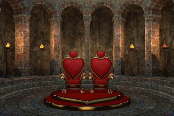 Para czerwonych tronów w kształcie serca w starym zamku fantazji. Koncepcja Valentines tło 3d renderowania. - Zdjęcie, obraz