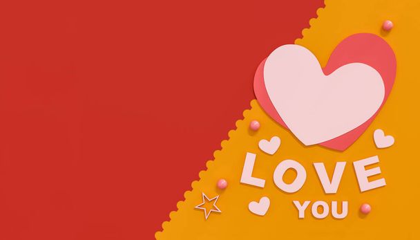 Gyönyörű 3D Renderelés Valentin-nap koncepció Romantikus üdvözlőkártya pezsgő szemüveg és Candy Hearts vörös háttér. Top View with Space for Your Üdvözlet. Lapos fektetés - Fotó, kép