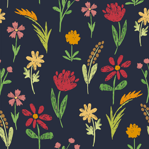 Nahtloses Muster mit Feldwiesen Garten verschiedene helle Blumen und Gras. Zeichnen im Stil eines Kinderkritzels. Buntstifte - Vektor, Bild