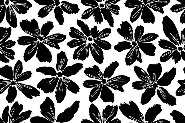Fekete-fehér minta virágokkal, virágos háttér  - Vektor, kép