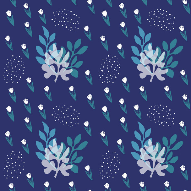motif sans couture avec des fleurs, des feuilles et des baies sur un fond bleu. ornement floral, élément design. - Vecteur, image