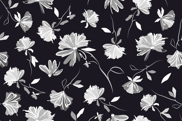 白い灰色のアウトラインの落書きの花のシームレスなパターン. 黒い背景に白い花が咲いています. 壁紙,生地,カバー,テンプレートに印刷するためのベクトル現代アートイラスト. - ベクター画像