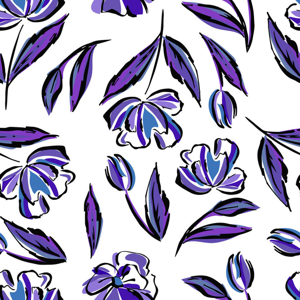 Zomer handgemaakte bloemen achtergrond. Botanische achtergrond van abstracte bloemen. Schetterende tekening van zwarte contouren en blauwe, paarse, lila strepen. Bedrukken op behang, kaft, textiel - Vector, afbeelding