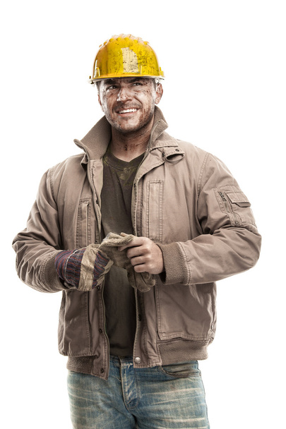 Dirty Worker Man With Hard Hat helmet - Zdjęcie, obraz