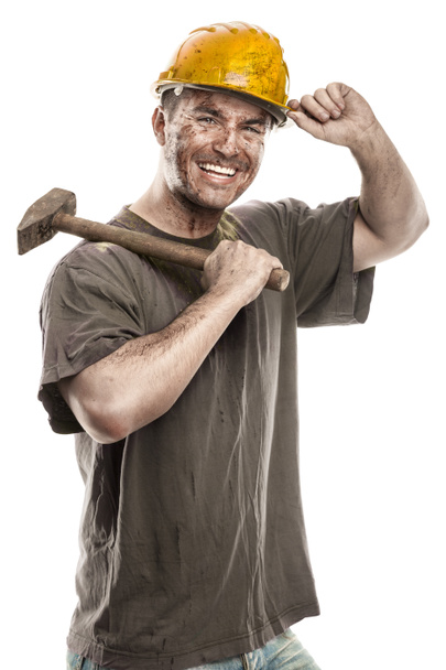 Hombre trabajador sucio con casco de sombrero duro
 - Foto, imagen